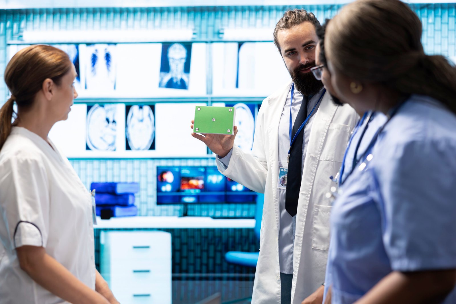 Medical expert showing a box with green screen during a meeting for diagnosis and disease prevention, conducting a detailed review of x ray scans and lab results in a clinical setting.
